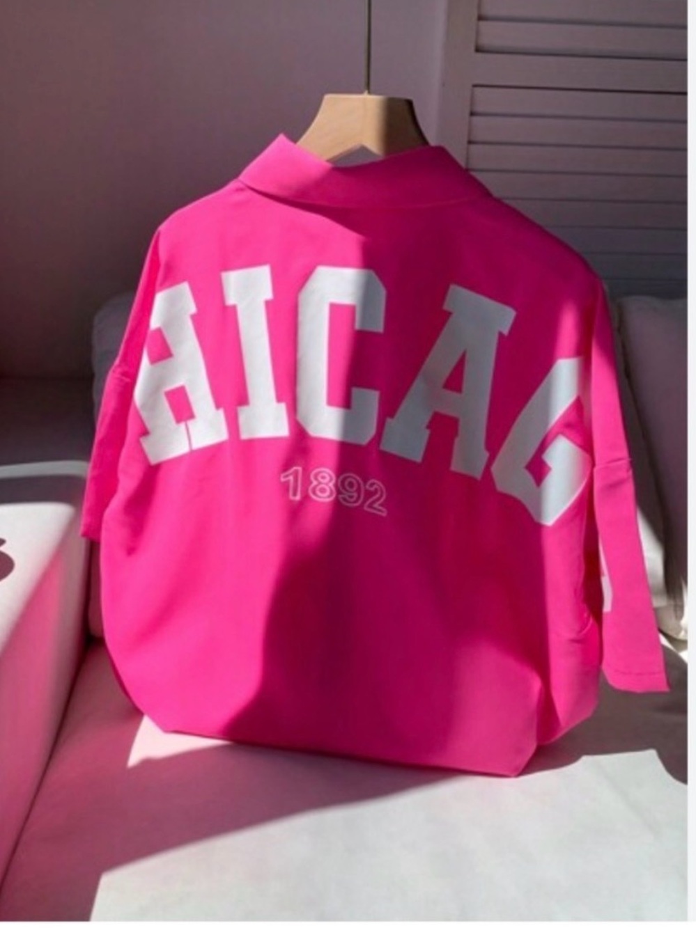Hot Pink Button-Down Shirt with White Sleeve Detail CHICAGO NEW YORK EST 2015